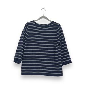 Lands End Navy Blue Gray Stripe 100% Cashmere Wide Neck 3/4 Sleeve Sweater